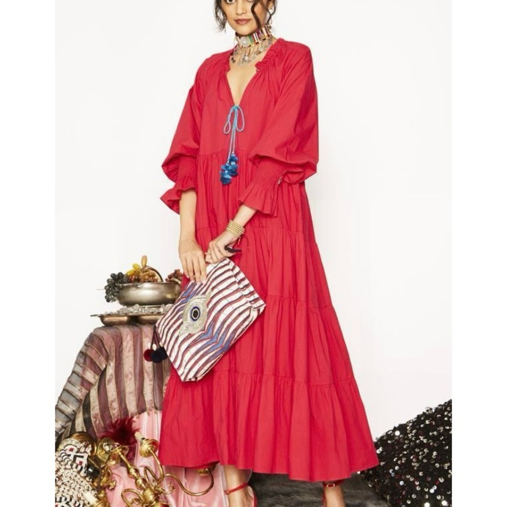 FIGUE “Bella” Vibrant Red Tiered Sundress with Bishop Sleeves